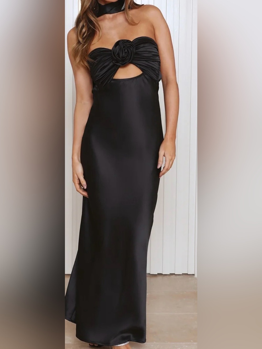 Black Strapless Evening Gown with Draped Bodice